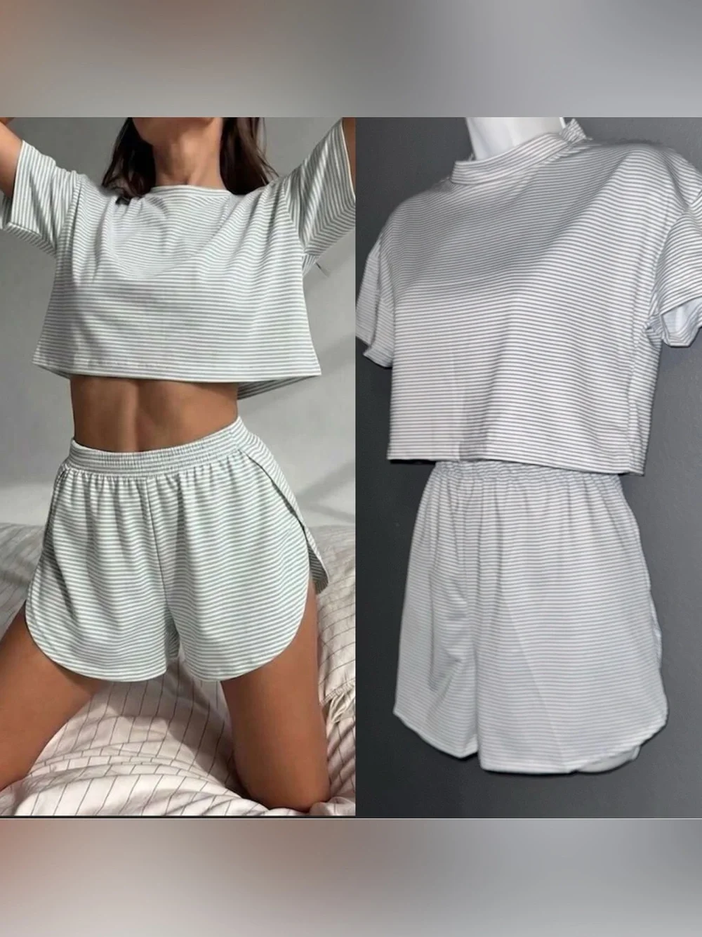 Women’s Matching Pajama Set Short Sleeve Top & Shorts Grey/White Medium